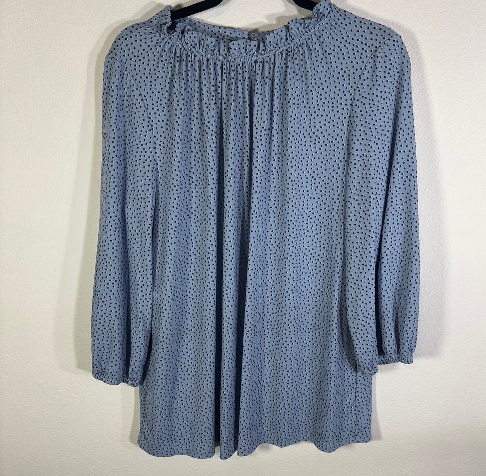 NWT Adrianna Papell Womens 1X Blue Polka Dot Ruffle Neck Long Sleeve Blouse